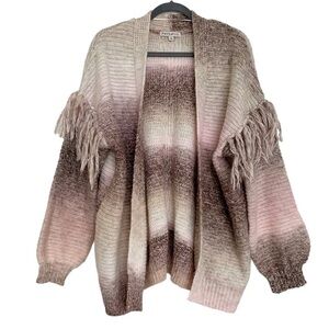 FRYE AND CO Long Sleeve Open Front Fringe Trim Pink Hombre Cardigan Small